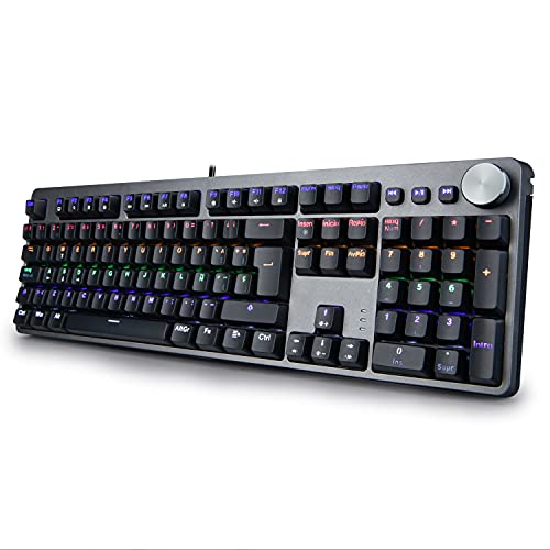 Teclado Mecánico Gaming RGB,Teclados Gaming Retroiluminación,Azul Anti-Efecto Fantasma de 105 Teclas,4 Teclas Multimedia,Paso de USB,Comodidad Ergonómico Teclado Español para y PC/Gamer (Negro y Gris)