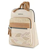 Lois - Bolso Mochila Mujer Casual Pequeña de Piel Vegana PU con Bordados de Marca LOIS. Bolso para iPad, Doble Compartimento Frontal y Bolsillo Trasero con Cremallera 310723, Color Beige