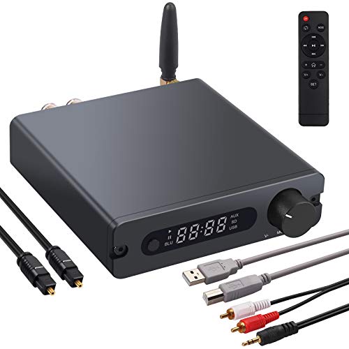 ESYNiC 192 kHz / 24 bit HiFi Amplificador de Audio Estéreo Bluetooth 5.0 DAC Optical Coaxial USB Convertidor de Audio Digital a Analógico con Control Remoto IR para Altavoces Pasivos 100W + 100W