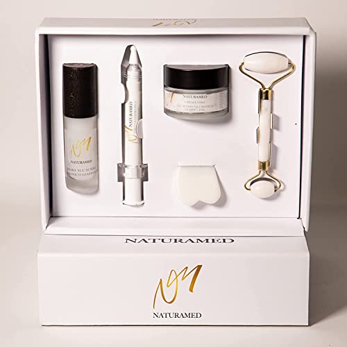 Cofre Cosmético de Ácido Hialurónico Japonés 100% Puro - Crema y Sérum Facial Bio, Crema Contorno de Ojos y Rodillo Masajeador de Jade con Piedra Gua Sha en Jade - Cosmética Vegana Made in Italy