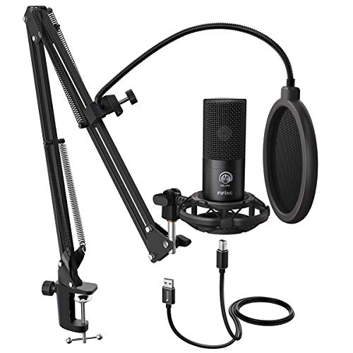 FIFINE Micrófono USB de Condensador para estudio, Kit de micrófono ordenador PC con soporte de brazo de tijera ajustable Soporte de choque para instrumentos Grabación Podcasting YouTube Gaming - T669