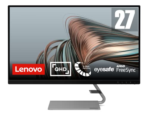 Lenovo Q27q-1L - Monitor Gaming 27" 2K QHD con Diseño elegante (IPS, 75Hz, 4ms, HDMI, DP, FreeSync, Altavoces, EyeSafe, Base Metálica) Ajuste de inclinación - Negro