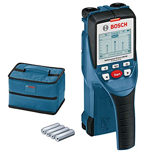 Bosch Professional Detector de pared D-tect 150 SV (máx. profundidad de detección madera/cables con tensión/tubos de plástico/metal: 40/60/80/150 mm, 4 pilas AA, con funda, en caja)