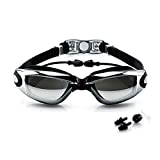BEEWAY Gafas de natación, Premium cómodo Gafas de natación Tapones para los oídos adjunta, Anti Niebla Protección UV Lentes Totalmente Ajustable para Adulto Hombres Mujeres y niños 8+ - Negro