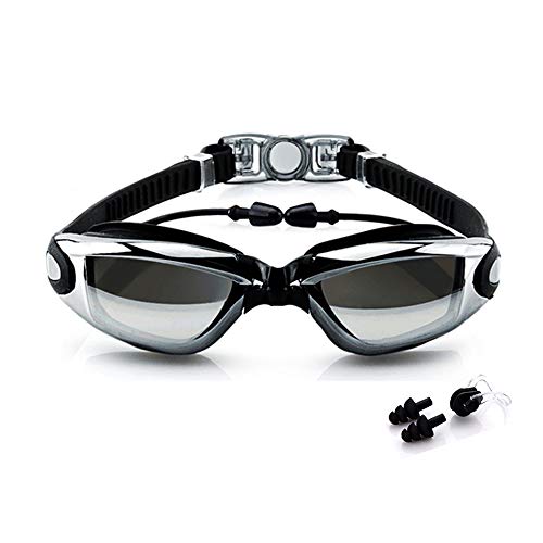 BEEWAY Gafas de natación, Premium cómodo Gafas de natación Tapones para los oídos adjunta, Anti Niebla Protección UV Lentes Totalmente Ajustable para Adulto Hombres Mujeres y niños 8+ - Negro