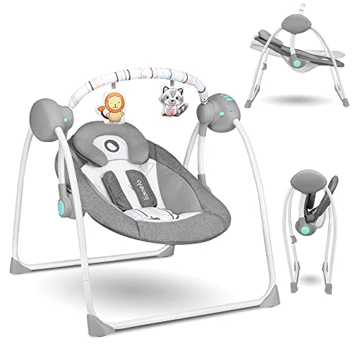 LIONELO Ruben Columpio-hamaca para bebé Niño hasta 9 kg Regulación del respaldo en 2 niveles 5 Velocidades de balanceo 12 Melodías Timer Gris y Turquesa
