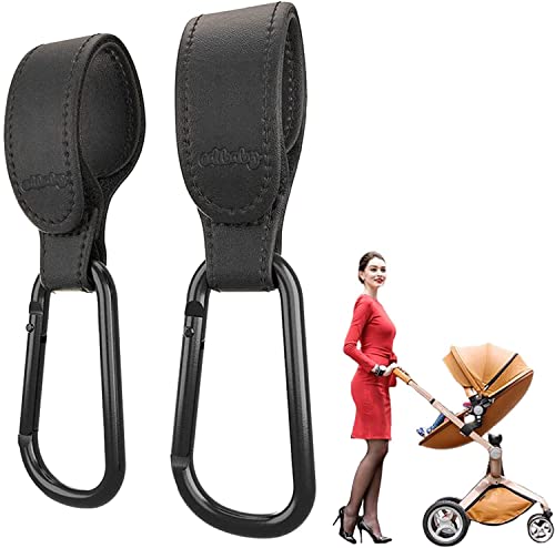 Edibaby, Ganchos Carro Bebe, Elaborado en Piel, 2 Unidades, Ajuste Universal, Mosquetones para Carrito de Bebe para Colgar Bolsas, Mochila, Bolso etc (Negro)