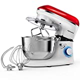 Batidora Amasadora, Freihafen Amasadora para Repostería (1400 W, 6 Velocidades, con Bol de Acero inoxidable de 5,5 L, Amasador, Batidor, Varillas y Protección para Salpicaduras) Rojo/Blanco
