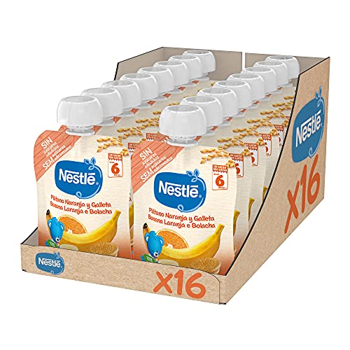 Nestlé Bolsita Puré Plátano Naranja Galleta, A Partir De Los 6 Meses, 90 G - Pack de 16 bolsitas 90g