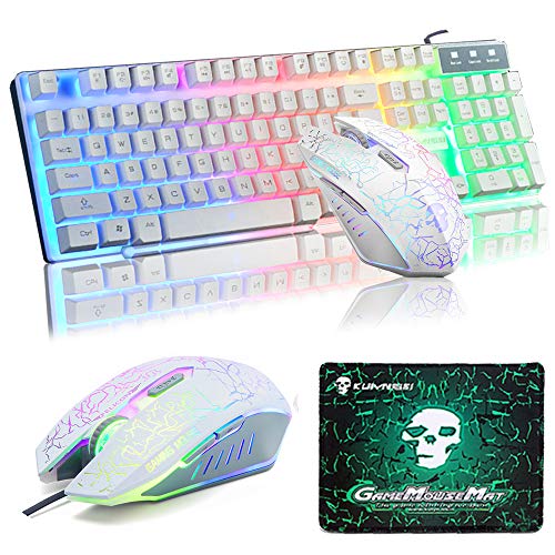 UrChoiceLtd Teclado Ratón Teclado Arcoiris Arcoiris Backlit Teclado USB + 2400DPI Ratón 6 Botones Optical LED Gaming Ratón Para Ordenador + Juego Mouse Pad Diseño de Estados Unidos (Blanco)