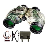 QUNSE Prismáticos 10x50 de brújula de Navegación de Uso Distancia con brújula –Campo Amplio de visión con Lente de Objetivo Grande BAK4 –Equipado con Correa de Doble Hombro -Camuflaje