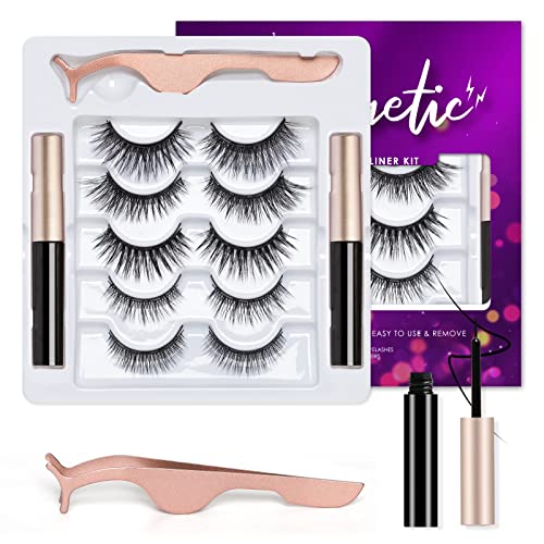 Pestañas Postizas Magneticas, 5 Pares 3D Pestañas Postizas Magnéticas Aspecto Natural Reutilizables 2 Negro Dlineador Magnético Impermeable y Durable con Pinzas Fáciles de Llevarse sin Pegamento