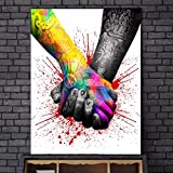Graffiti mano a mano póster imprime dedos entrelazados pareja amor lienzo pintura arte de pared para sala de estar decoración grande 60x85cm marco interior