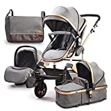Carrito bebe 3 en 1, Belecoo carro bebe 3 piezas hasta 25 kg, capazo de bebé con colchón desde el nacimiento, silla de paseo con respaldo reclinable, fácil de plegar (Lino)