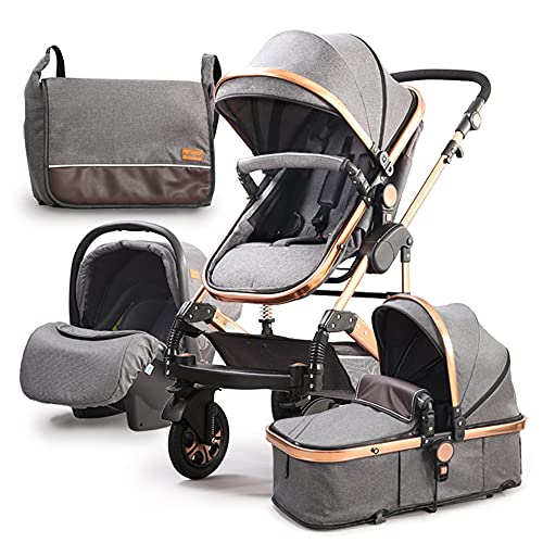 Carrito bebe 3 en 1, Belecoo carro bebe 3 piezas hasta 25 kg, capazo de bebé con colchón desde el nacimiento, silla de paseo con respaldo reclinable, fácil de plegar (Lino)