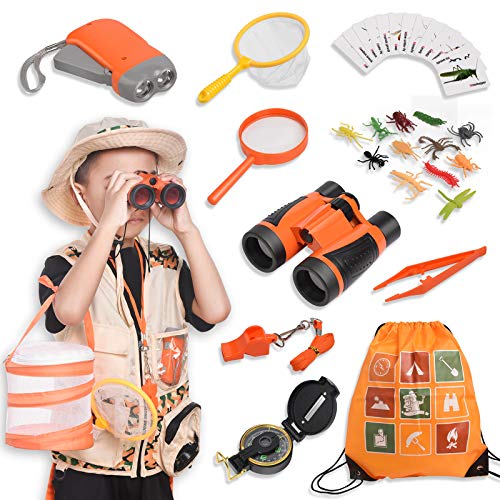 Joyjoz Kit de Binoculares para Niños, Kit Explorador niño con Prismaticos niños, Juego de rol con Tela y Sombrero, Linterna, Brújula, Caja de Insectos(50 Piezas) Regalos Navidad Niños