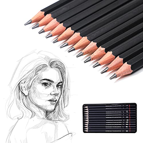 Yesloo Lápiz de dibujo, Juego de lápices de dibujo, Lápiz de dibujo, Lápiz de dibujo profesional, Lápices de arte, Suministros de arte 12 piezas, 8B 7B 6B 5B 4B 3B 2B B HB F H 2H