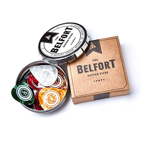 BELFORT® 20 púas de alta calidad para guitarra: incluye eBook gratis. En una elegante caja de regalo. Púas de guitarra de celuloide extremadamente resistentes, 4 grosores: 0,46-1,20 mm