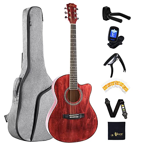 Winzz Guitarra Acústica de Viaje 39 Pulgadas, Guitarra Folk Roja Kit de Principiantes para Estudiantes o Adultos
