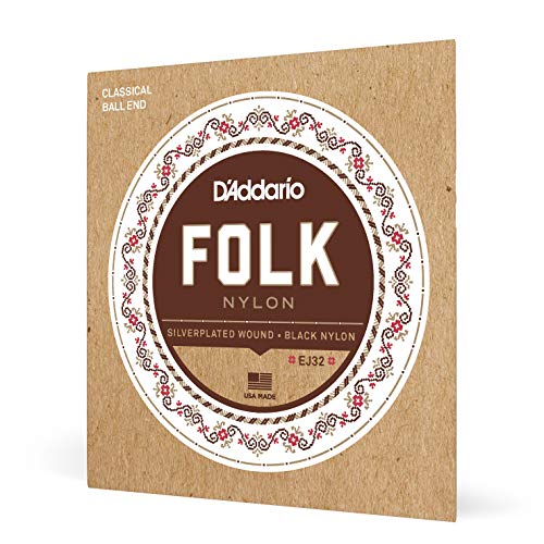 D'Addario Cuerdas Guitarra Española | Cuerdas de Guitarra Española | EJ32 Folk Nylon, cuerdas para guitarra con extremo de bola, agudos de nailon negro/ entorchado en plata, 028' - 045'
