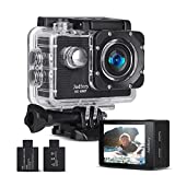 Jadfezy Cámara Deportiva HD 1080P, Cámara subacuática 30M con 140 Grados Gran Angular, Cámara de acción 2 baterías Recargables de 900mAh y Kit de Accesorios