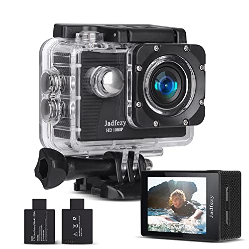 Jadfezy Cámara Deportiva HD 1080P, Cámara subacuática 30M con 140 Grados Gran Angular, Cámara de acción 2 baterías Recargables de 900mAh y Kit de Accesorios