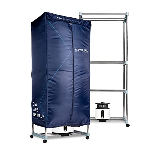 NEWLUX - Secadora de Ropa Eléctrica Portátil Secadry Azul con Luz UV para Desinfectar. Capacidad 15Kg, Temp. 180min, 3 Niveles. Secadora por Ventilación (1200W) 3 en 1: Secadora, Armario, Tendedero