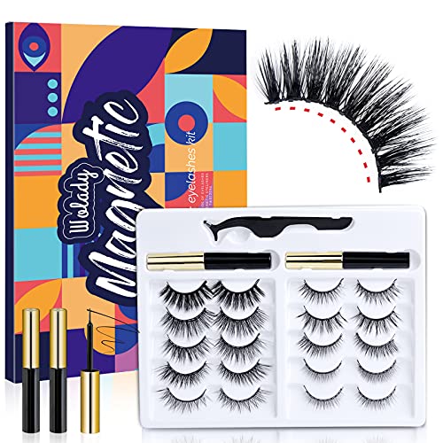 Wolady Pestañas Magnéticas 10 Pares Pestañas Postizas Magnéticas Naturales Últimos Impermeable Reutilizable Confortable Fácil Usar Pestañas Magnéticas con Delineador de Ojos y Pinzas Magnéticas