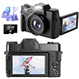 Cámara Digital 4K 48MP 30FPS Full HD Cámara Compacta Zoom Digital 16X con Pantalla Giratoria de 3.0 Pulgadas con Rotación de 180 Grados (Enfoque automático y Tarjeta Micro SD de 32 GB)