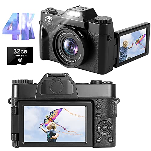 Cámara Digital 4K 48MP 30FPS Full HD Cámara Compacta Zoom Digital 16X con Pantalla Giratoria de 3.0 Pulgadas con Rotación de 180 Grados (Enfoque automático y Tarjeta Micro SD de 32 GB)