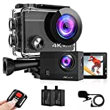 Cámara Deportiva 4K 30fps 20MP 170° Gran Angular Cámara Deportiva 40M Sumergible con EIS, Micrófono Externo, Control Remoto, Kits de Accesorios de Montaje 2 Baterías