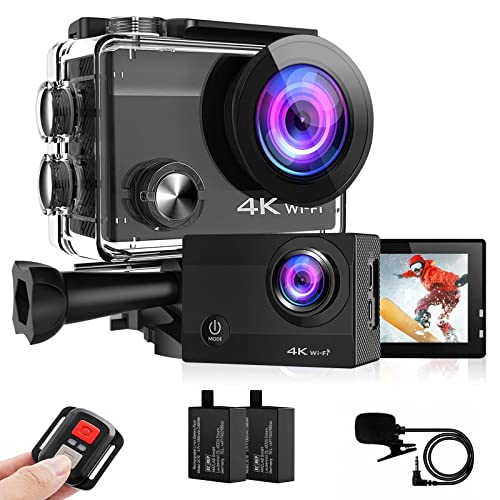 Cámara Deportiva 4K 30fps 20MP 170° Gran Angular Cámara Deportiva 40M Sumergible con EIS, Micrófono Externo, Control Remoto, Kits de Accesorios de Montaje 2 Baterías
