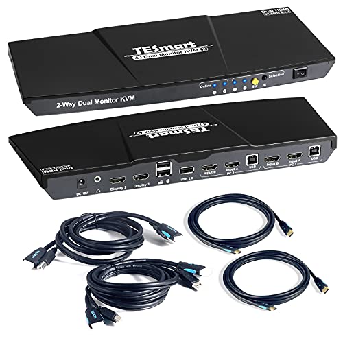 TESmart HDMI KVM Switch Doble Vista 2 En 2 Salidas 4K@60Hz Conmutador Monitor de PC Teclado Caja Selectora de Ratón con Salida de Micrófono de Audio y Hub USB 2.0 con 2 Cables HDMI (Negro)