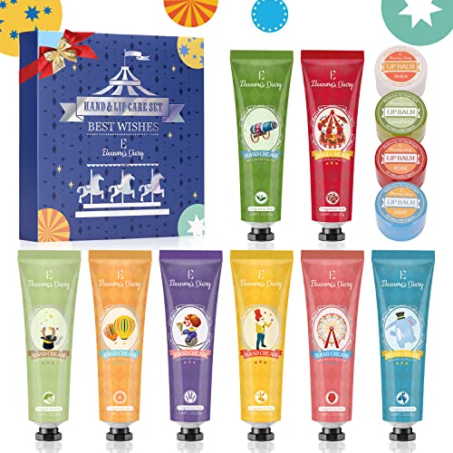 Set de Crema de Manos, Set de Regalo, Eleanore's Diary Set de Regalo de 8 PCS Crema de Manos y 4 PCS Bálsamo labial, Crema de Manos Nutritiva con Vitamina C y E, Regalos de cumpleaños para mujeres