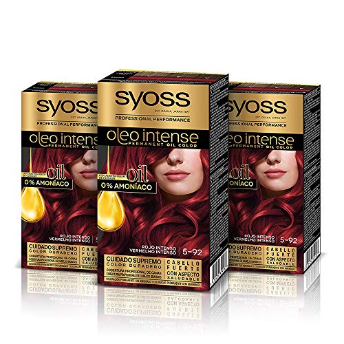 Syoss Oleo Intense - Tinte 5-92 Rojo Intenso – Coloración permanente Sin Amoníaco – Cobertura profesional de canas – Resultados de peluquería (Pack De 3)