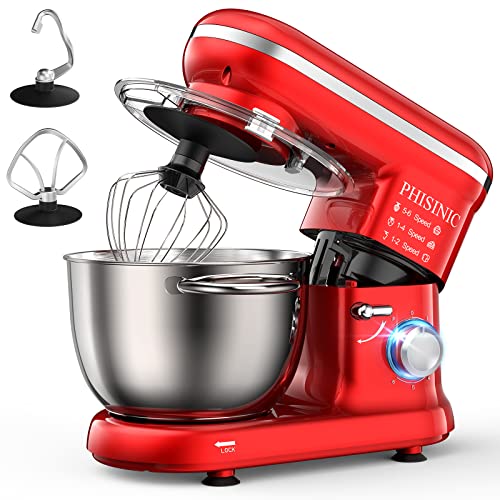 PHISINIC Batidora Amasadora 1500W, Amasadora de Pan Para Repostería, 5.5L Robot de Cocina Amasador, Bajo Ruido, Potente y Profesional, 6 Velocidades con Pulso, Bol de Acero Inoxidable, Rojo