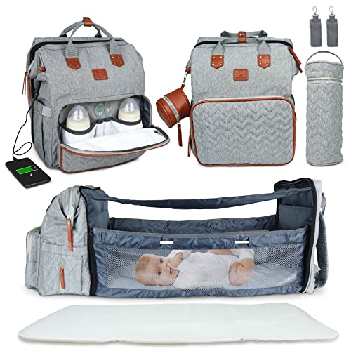 Mochila Pañalera para Bebé con Cuna Extensible de Maternidad QUINO&CO. para Mujer y Hombre con Ganchos Carro Bebe, Bolsa Isotermica para Biberones, Chupetero, USB | Regalos Bebes Recien Nacidos