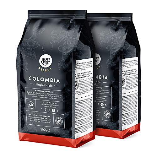 Marca Amazon - Happy Belly Select Café de Colombia en Grano - 1Kg (2 Paquetes x 500g)