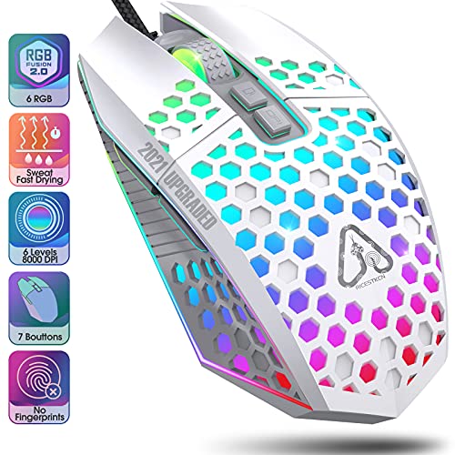 Raton Gaming Raton Ordenador RGB - 8000 dpi Ratón Gaming Mouse Gaming Gaming Mouse Raton Gamer USB 7 Botones Programables 6 Niveles Ratones Gaming Compatible con PC Windows 7/8/10/xp (Blanco)