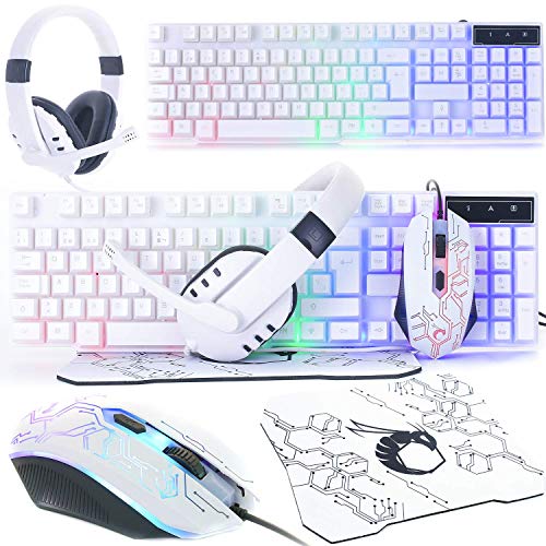 Orzly Teclado y Raton Gaming - Combo Ratón y Teclado USB [RGB LED Retroiluminación], Cascos Gamer, Alfombrilla de Ratón - para Usuarios PC, Xbox y PS4 [Hornet RX250 Blanco]