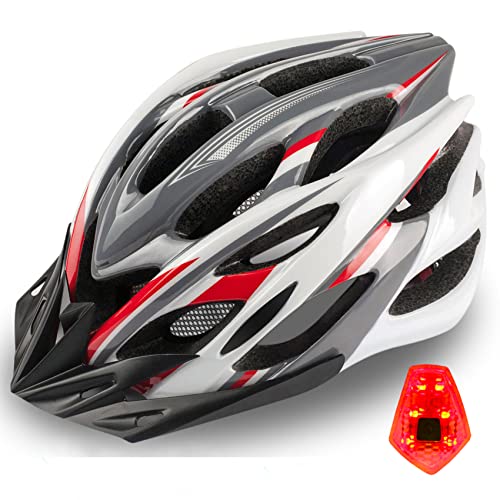 Casco Bicicleta Adulto para Hombre Mujer, KINGLEAD Casco Bici con Luz Led Casco MTB con Visera y Mochila Portátil Casco Ciclismo Ligero Ajustable para Carretera y Montaña Eertificado CE (KL-10)