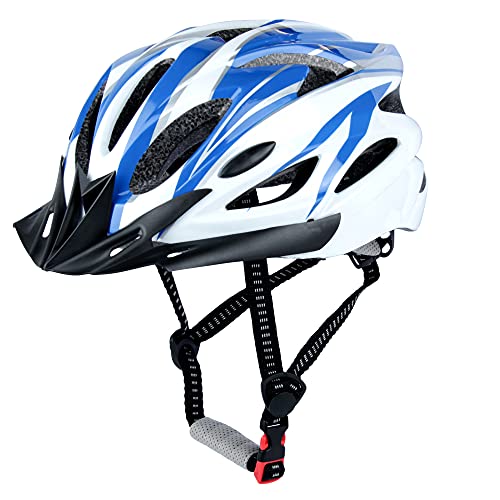 Casco de Bicicleta, Casco de Ciclismo, Casco Bicicleta Adulto Montaña, Visera y Forro Desmontable, Cascos Bicicleta Carretera para Hombres Mujeres Adultos (56-60 CM) (Azul y Blanco)
