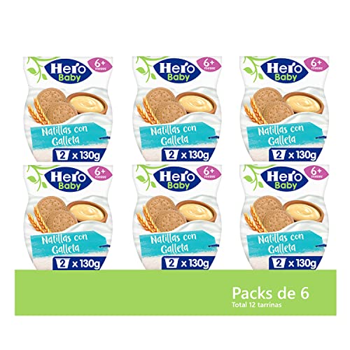 Hero Baby Tarrinas de Natillas con Galleta - Para niños a partir de 6 meses - 6 Packs de 2x130gr