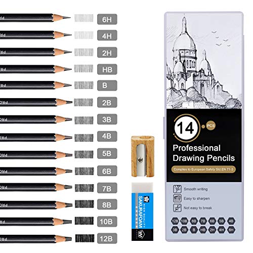 Lápices de Dibujo, Telgoner 17Juego de Lápices de Grafito Profesional 12B 10B 8B 7B 6B 5B 4B 3B 2B B HB 2H 4H 6H Lápices Artista para Niños y Adultos Lápices de Arte con Borrador Sacapuntas y Estuche