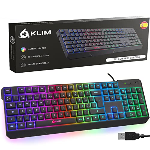 KLIM™ Chroma - Teclado Gaming ESPAÑOL + Teclado USB Ligero, Duradero, Resistente al Agua, ergonómico, silencioso + Teclado Gamer con Cable para PC PS4 Xbox One Mac + Nueva VERSIÓN 2022 + Negro