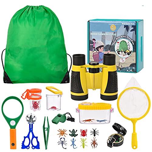 kizplays Kit de Exploración para Niños 22 en 1, Juego de Explorador para Niños para Niños Prismáticos/Binoculares, Silbato, Brújula, Lupa, 6 Arañas Plasticas, Regalo para Navidad, los Reyes