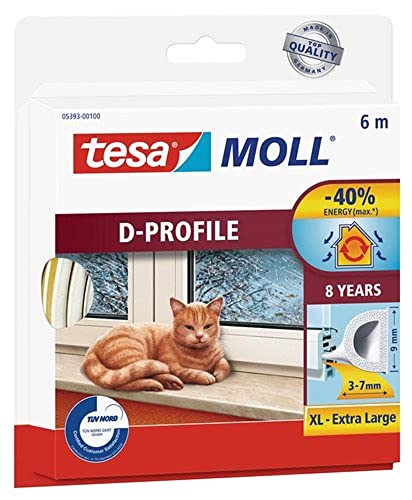 tesamoll Perfil D , Burlete de Caucho Autoadhesivo para Aislar Ventanas y Puertas y Sellar Huecos , Blanco , 6 m x 9 mm x 3-7 mm