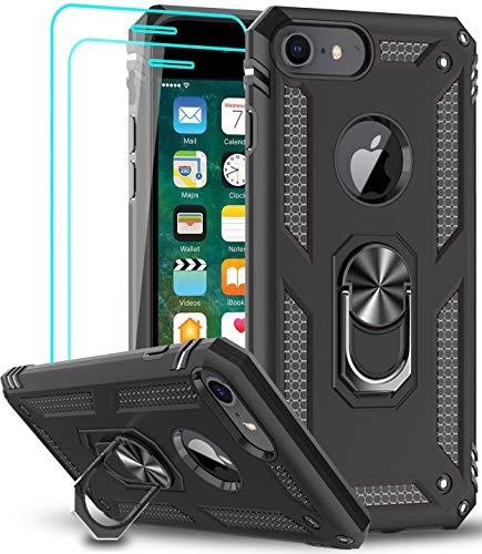 LeYi Funda para iPhone SE 2020 / iPhone 8 / iPhone 7 / iPhone 6 / 6S con [2-Unidades] Cristal Vidrio Templado Armor Carcasa con 360 Anillo Soporte PC y Silicona TPU Bumper Antigolpes Case, Negro