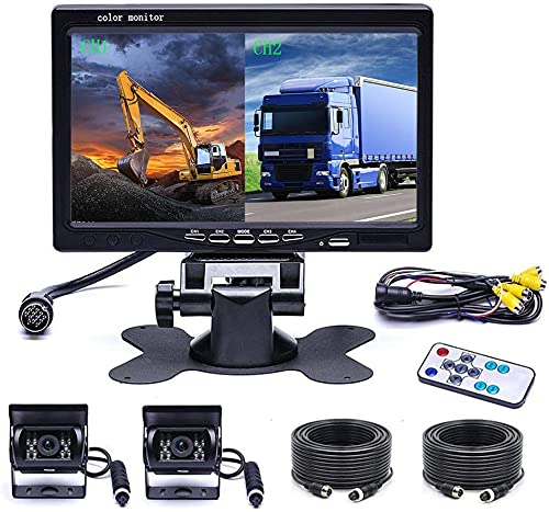 OiLiehu Sistema de cámara de Respaldo Dual con Vista Frontal de 4 monitores divididos de 7 Pulgadas, 2 cámaras de automóvil con Cable, visión Nocturna de 18 Infrarrojos, con Cables de 2 x 10 m para