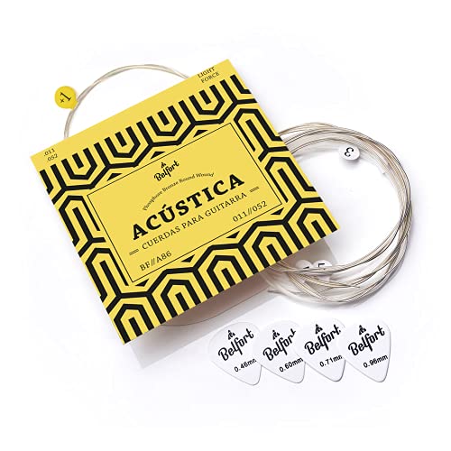 BELFORT® Juego de Cuerdas Guitarra Acústica de Fósforo/Bronce - Cuerdas de guitarra acustica - BONUS: 4 púas + Escuela de Guitarra (ebook)
